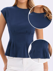Cotton Cap Sleeve Crew Neck Business Work Peplum Blouse