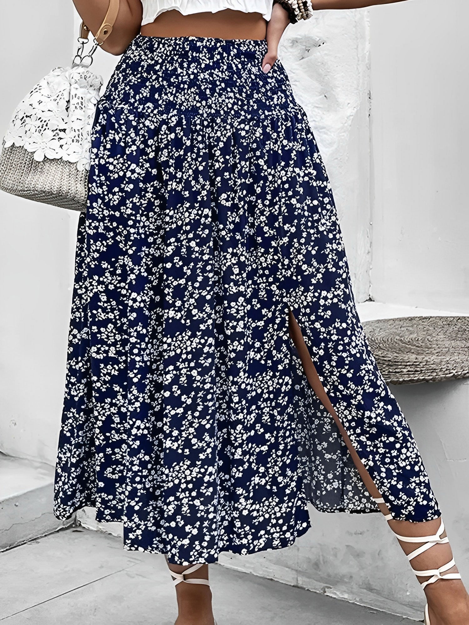 Floral Smocked Waist Slit Midi A-Line Skirt