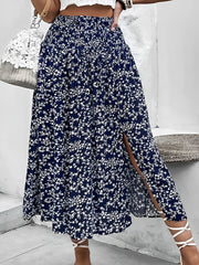 Floral Smocked Waist Slit Midi A-Line Skirt