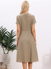 Button Down V Neck Short Sleeve Pockets Lace-Up Midi Dress