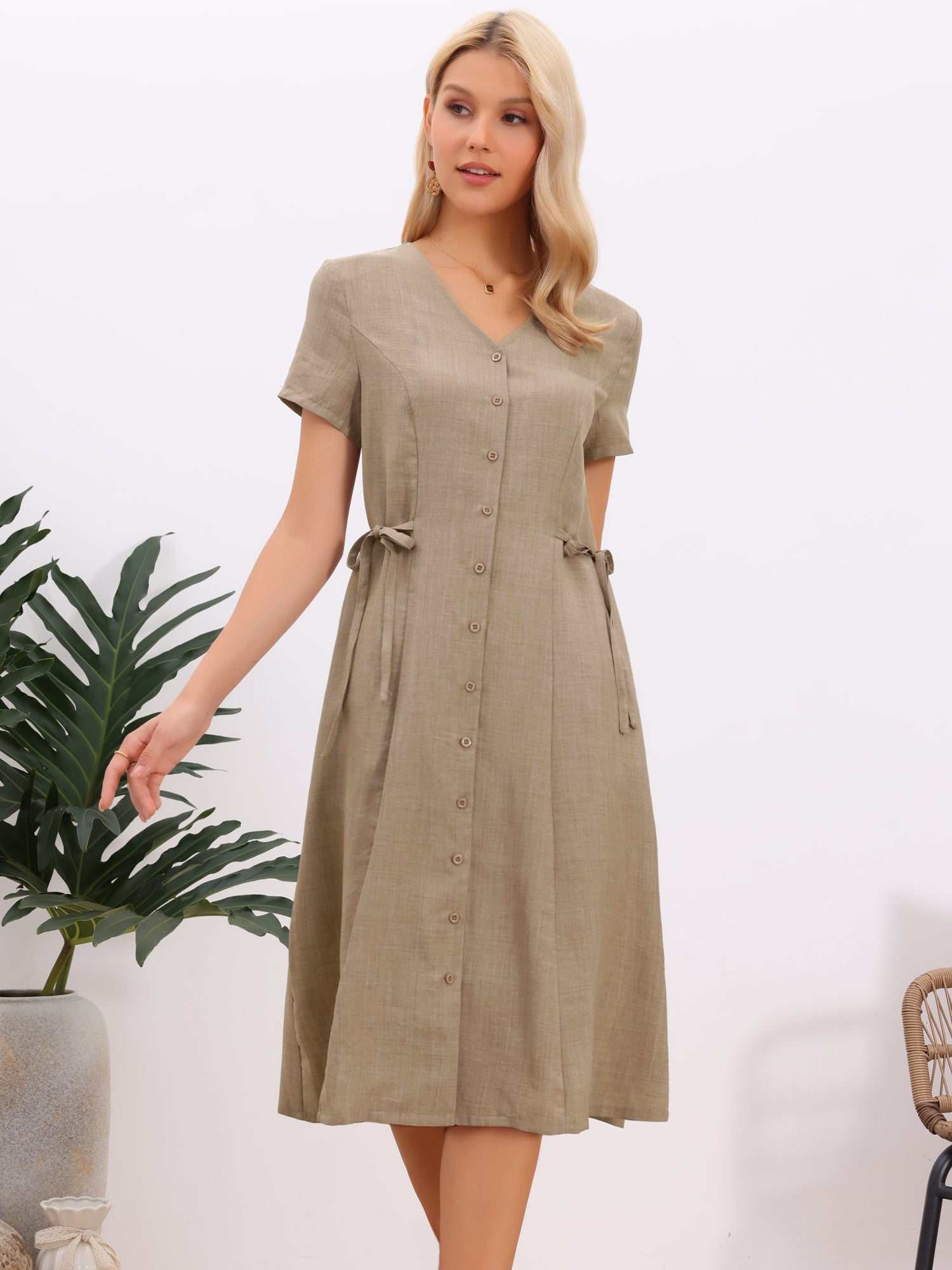 Button Down V Neck Short Sleeve Pockets Lace-Up Midi Dress