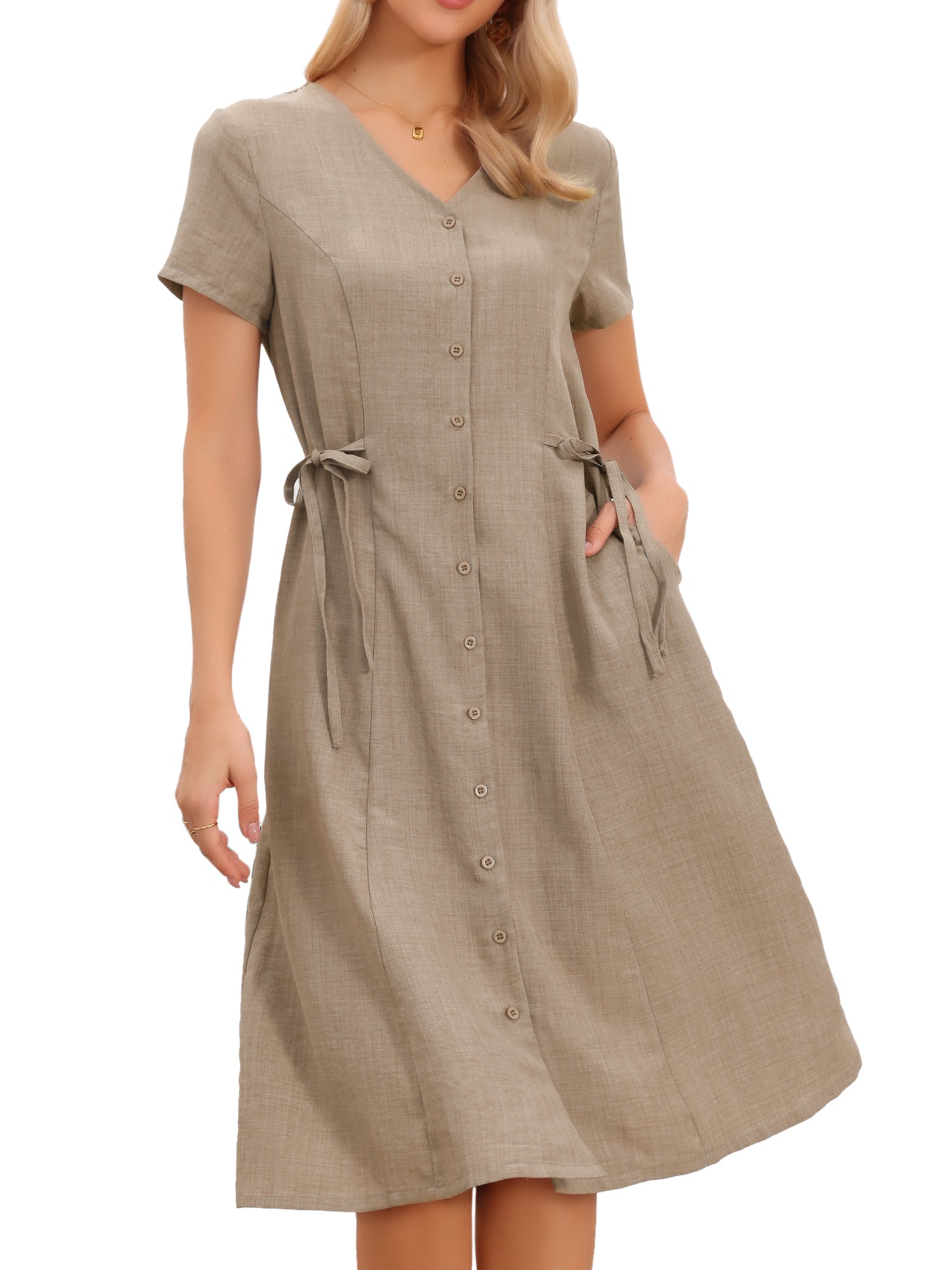 Button Down V Neck Short Sleeve Pockets Lace-Up Midi Dress