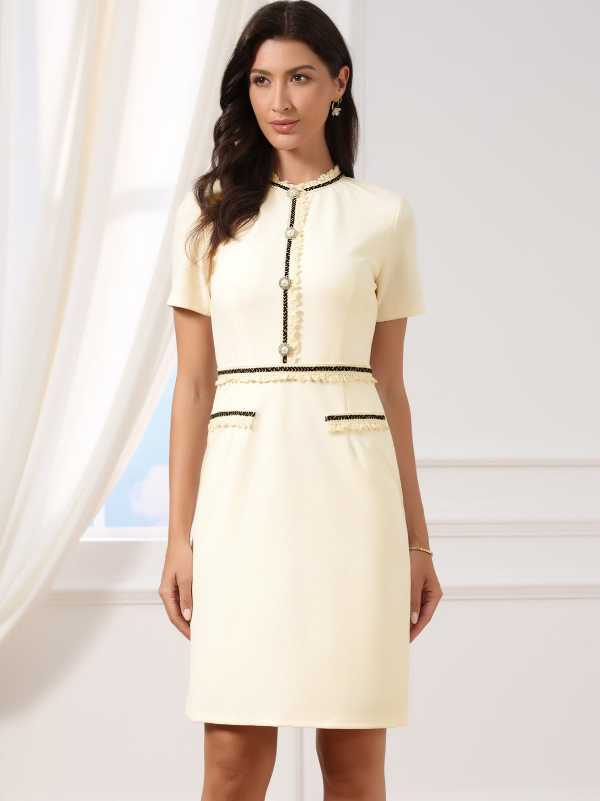 Short Sleeve Crew Neck Pearls Decro Knee Length Dress