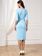 3/4 Sleeve Notch Neck Belted Formal Midi Work Dress