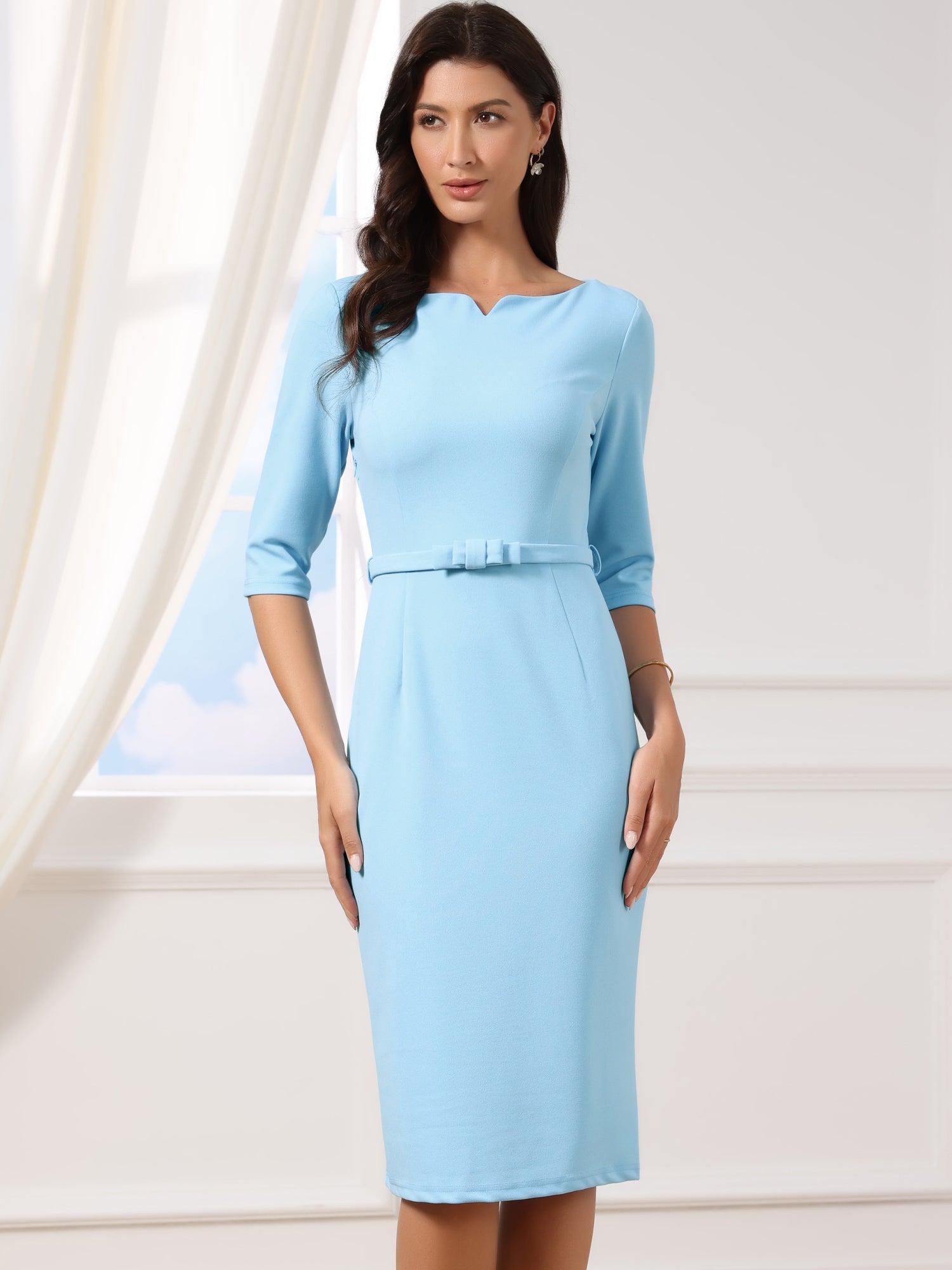 3/4 Sleeve Notch Neck Belted Formal Midi Work Dress