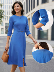 Work Keyhole Neck 3/4 Sleeve Belted Office A-Line Dress