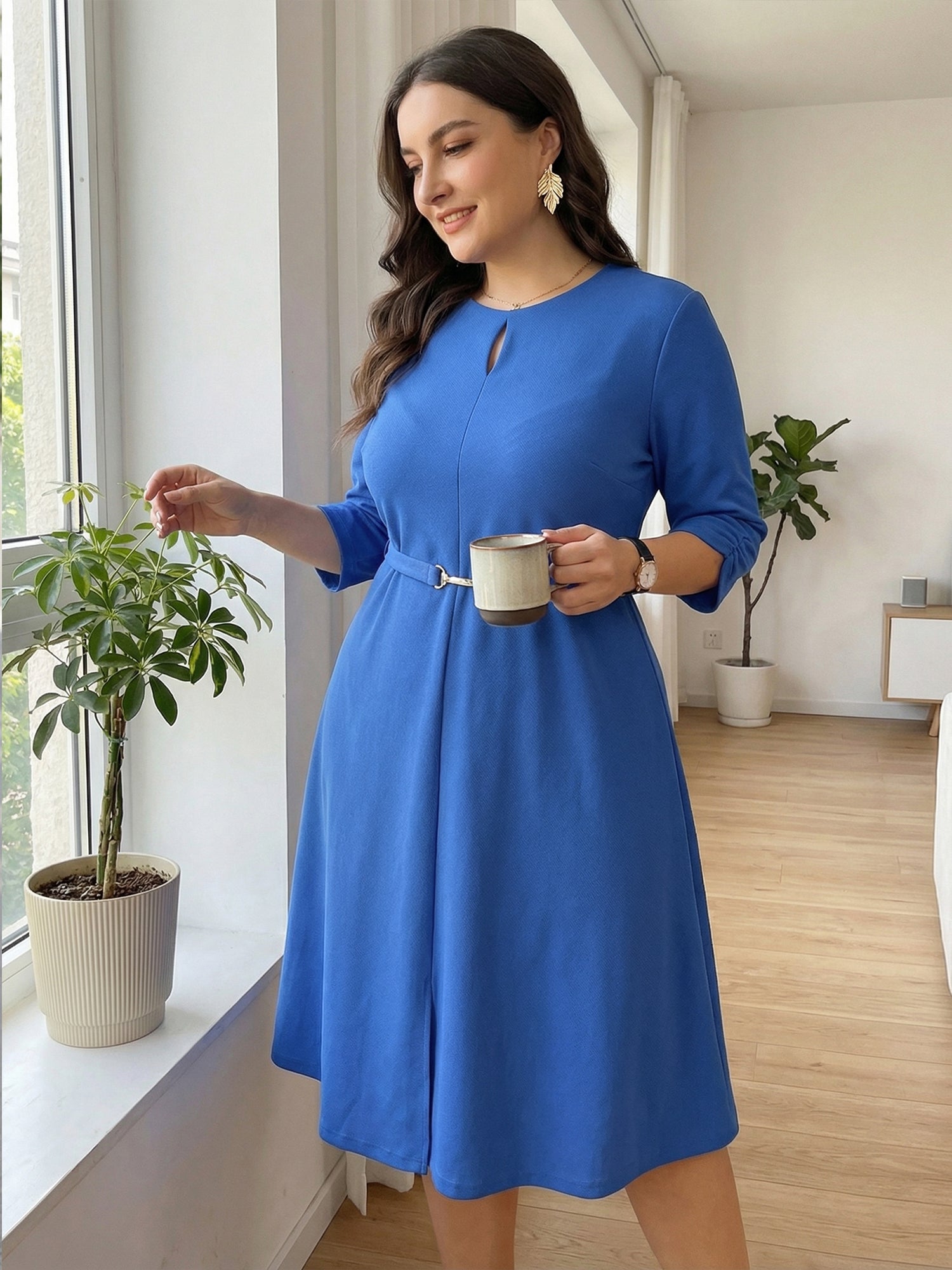 Work Keyhole Neck 3/4 Sleeve Belted Office A-Line Dress