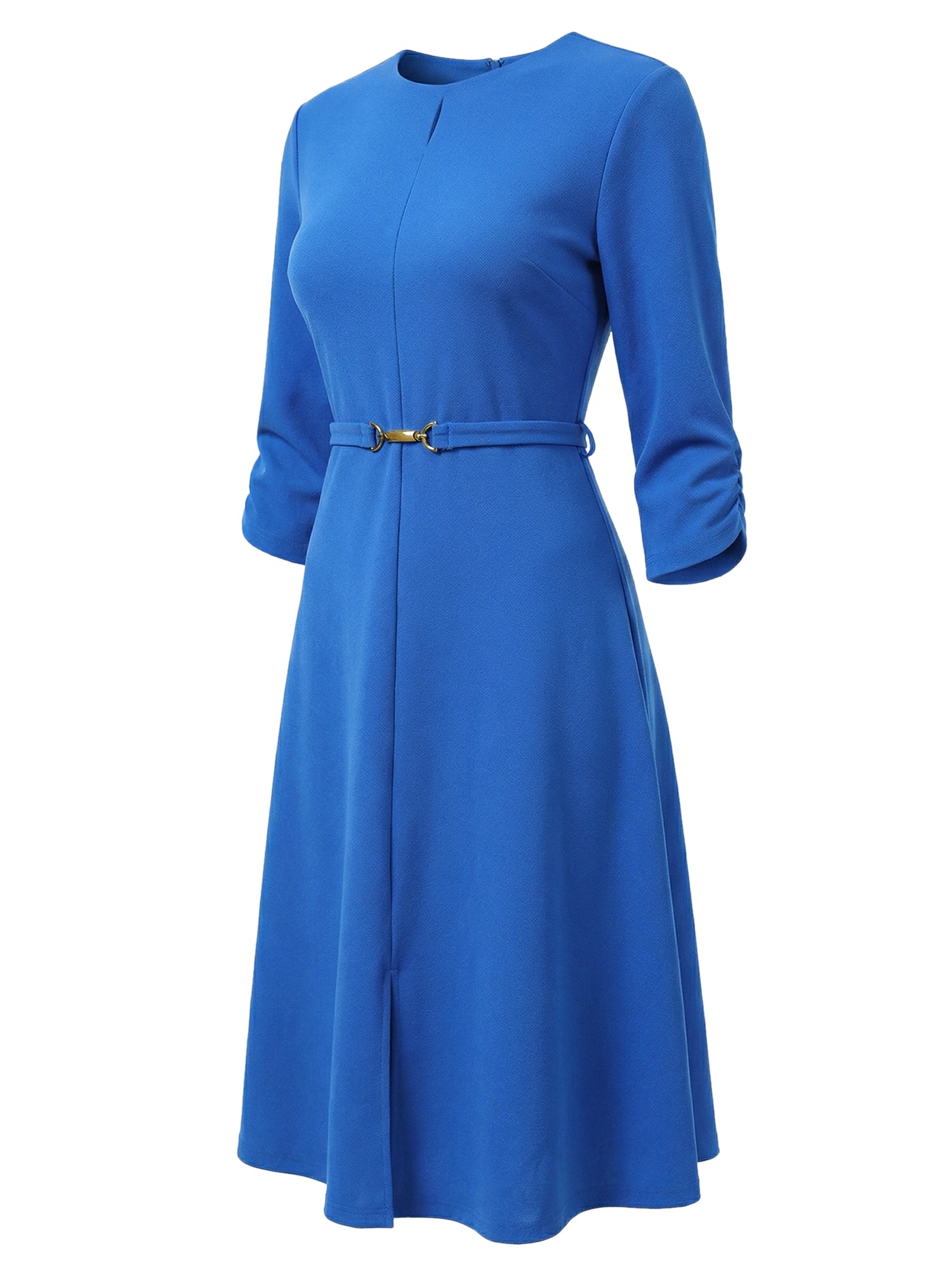 Work Keyhole Neck 3/4 Sleeve Belted Office A-Line Dress