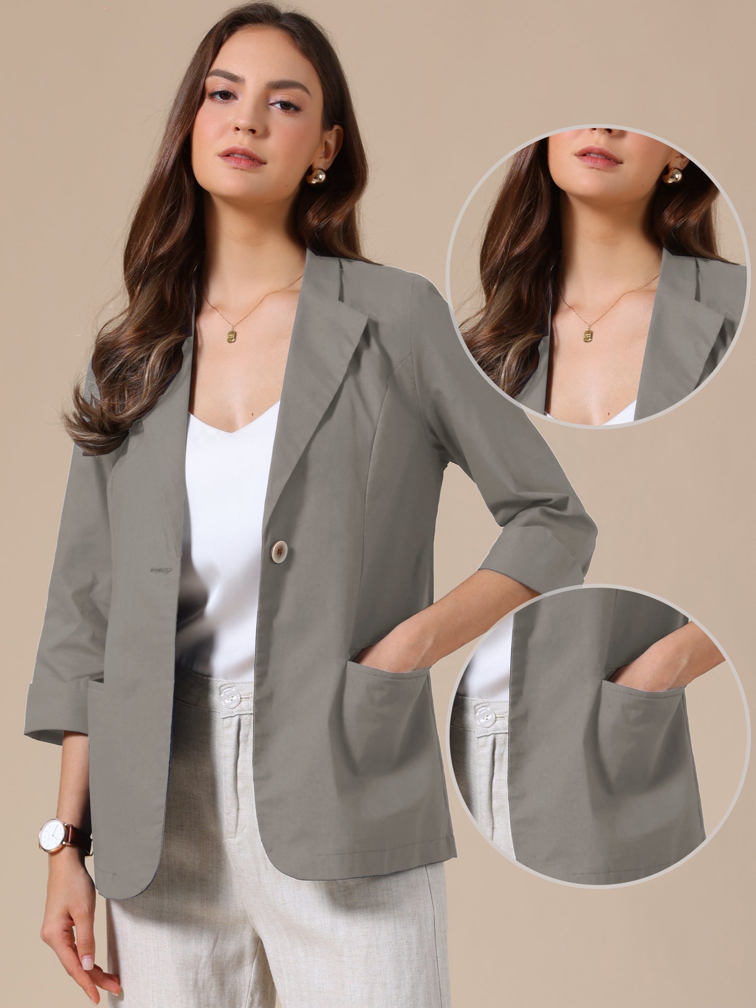 3/4 Sleeve Lightweight Cotton Linen Casual Blazer