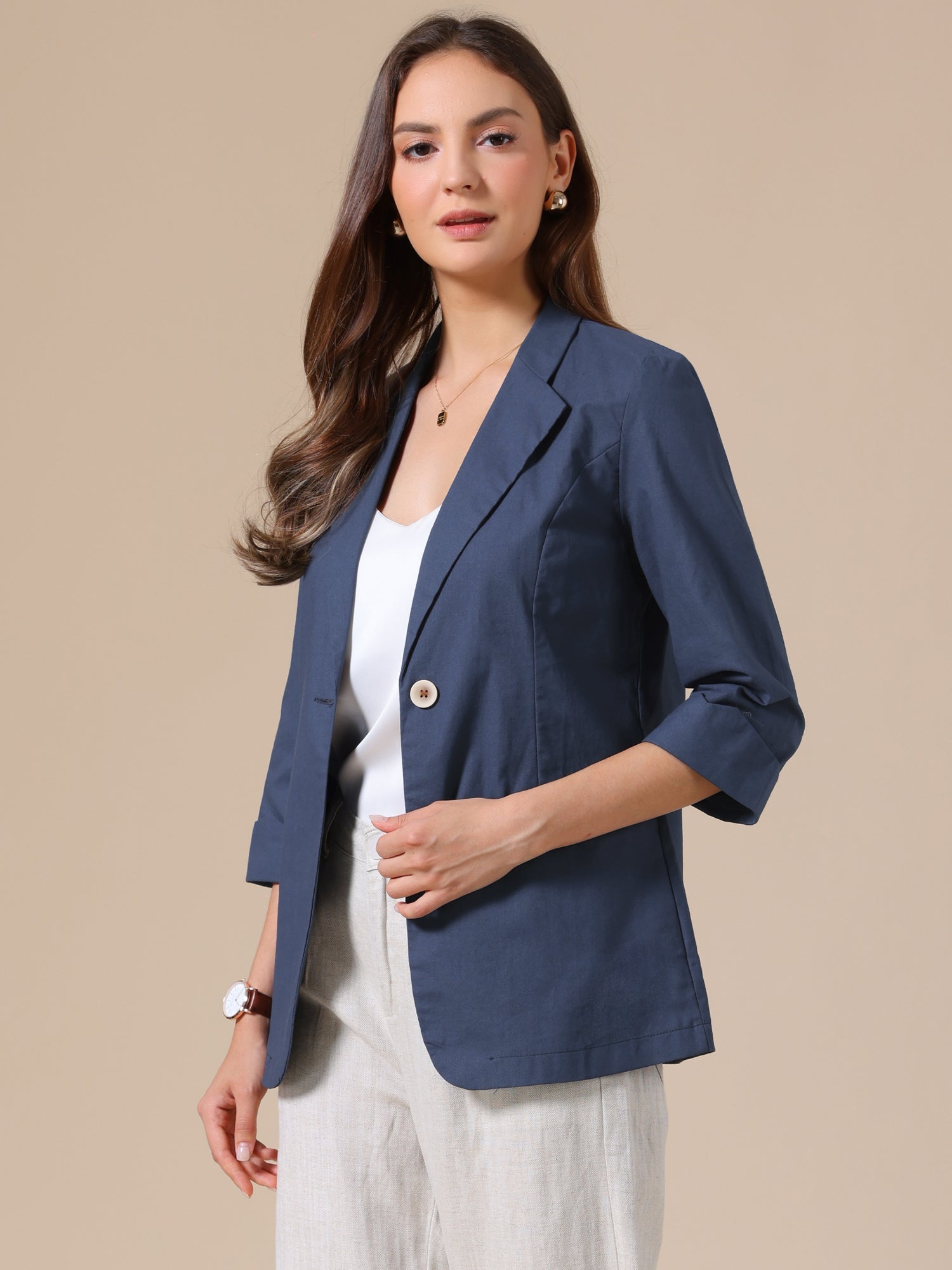 3/4 Sleeve Lightweight Cotton Linen Casual Blazer
