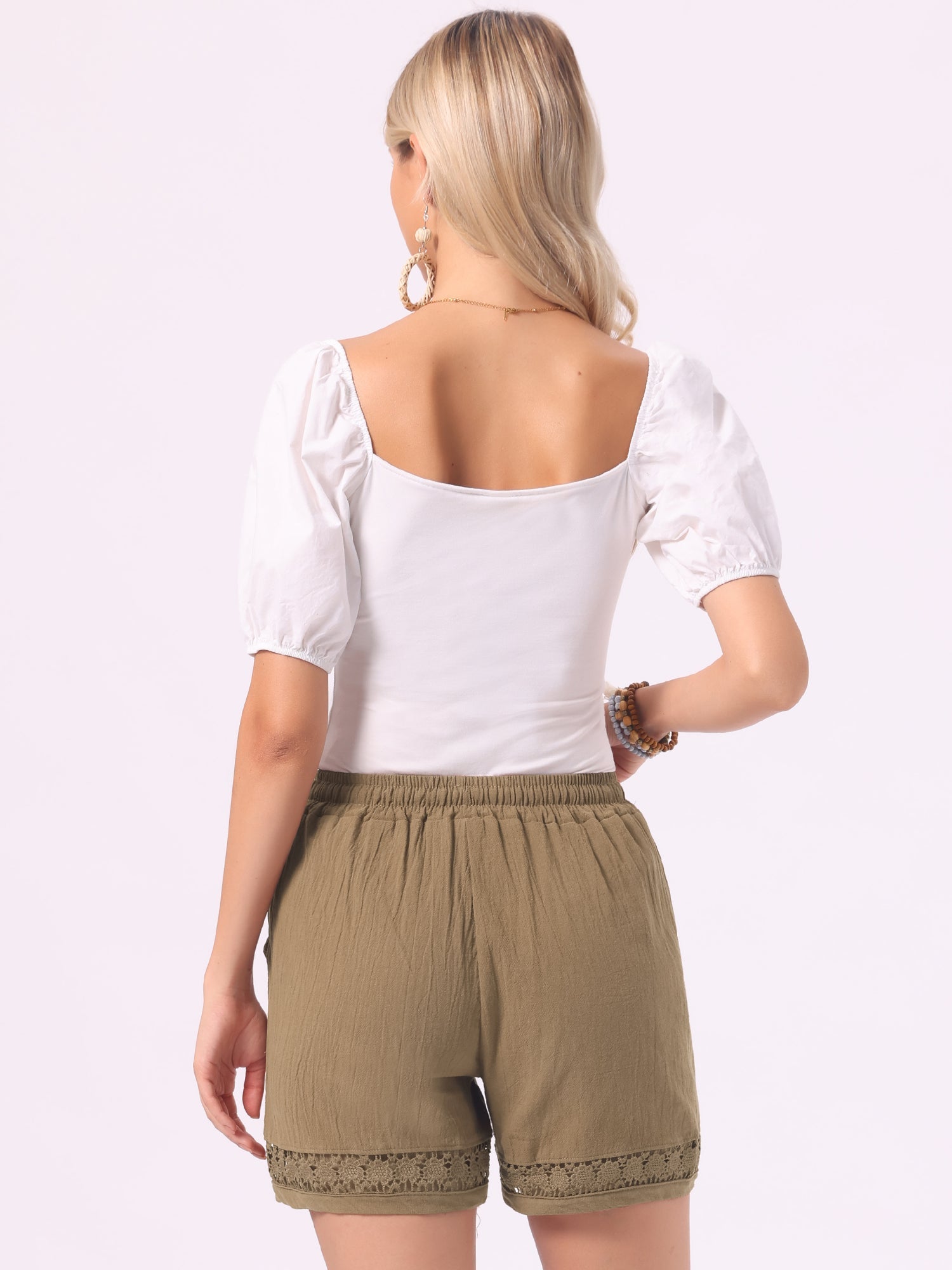 Cotton Linen Lace Summer Elastic High Waisted Shorts with Pockets