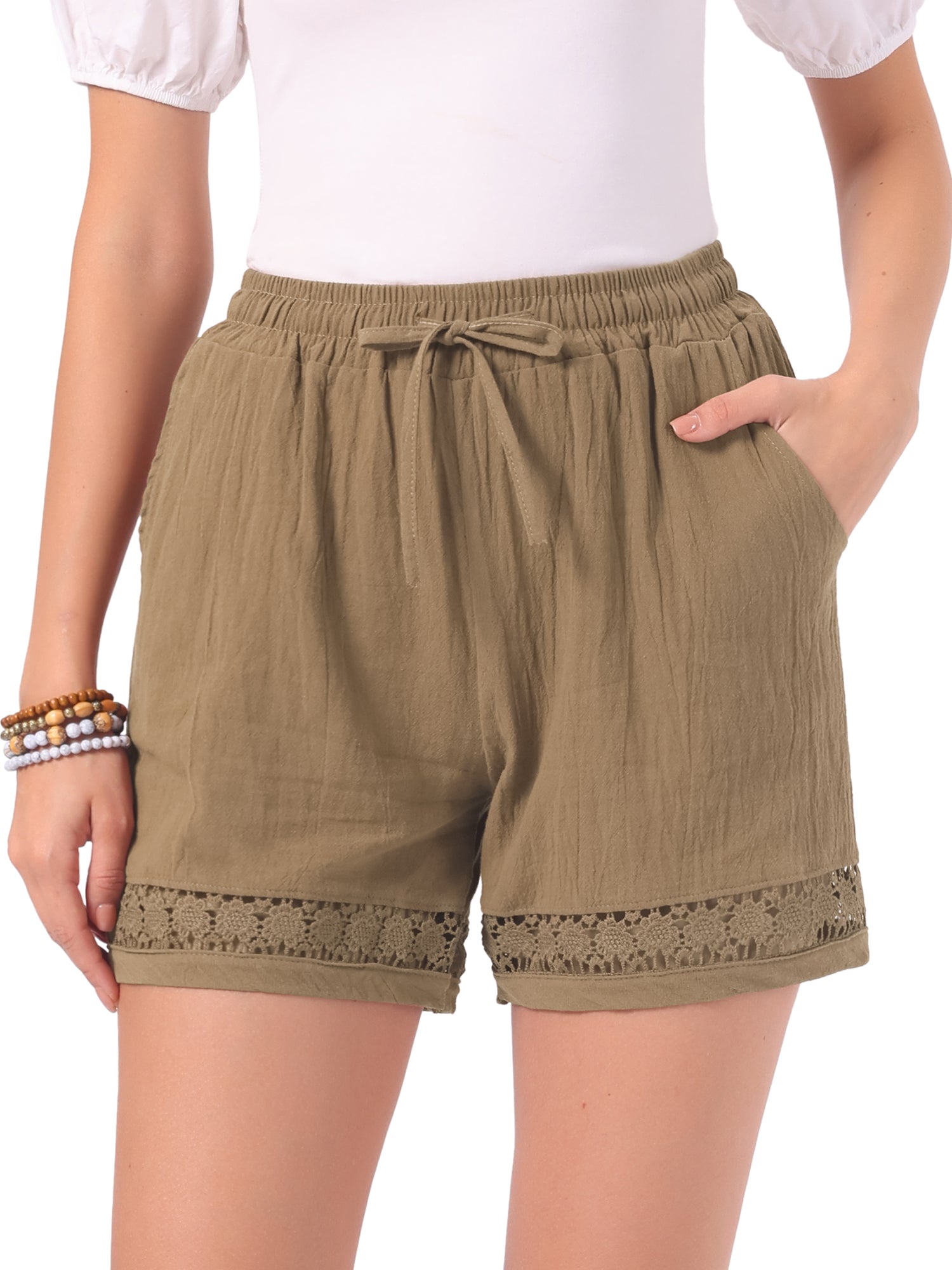 Cotton Linen Lace Summer Elastic High Waisted Shorts with Pockets