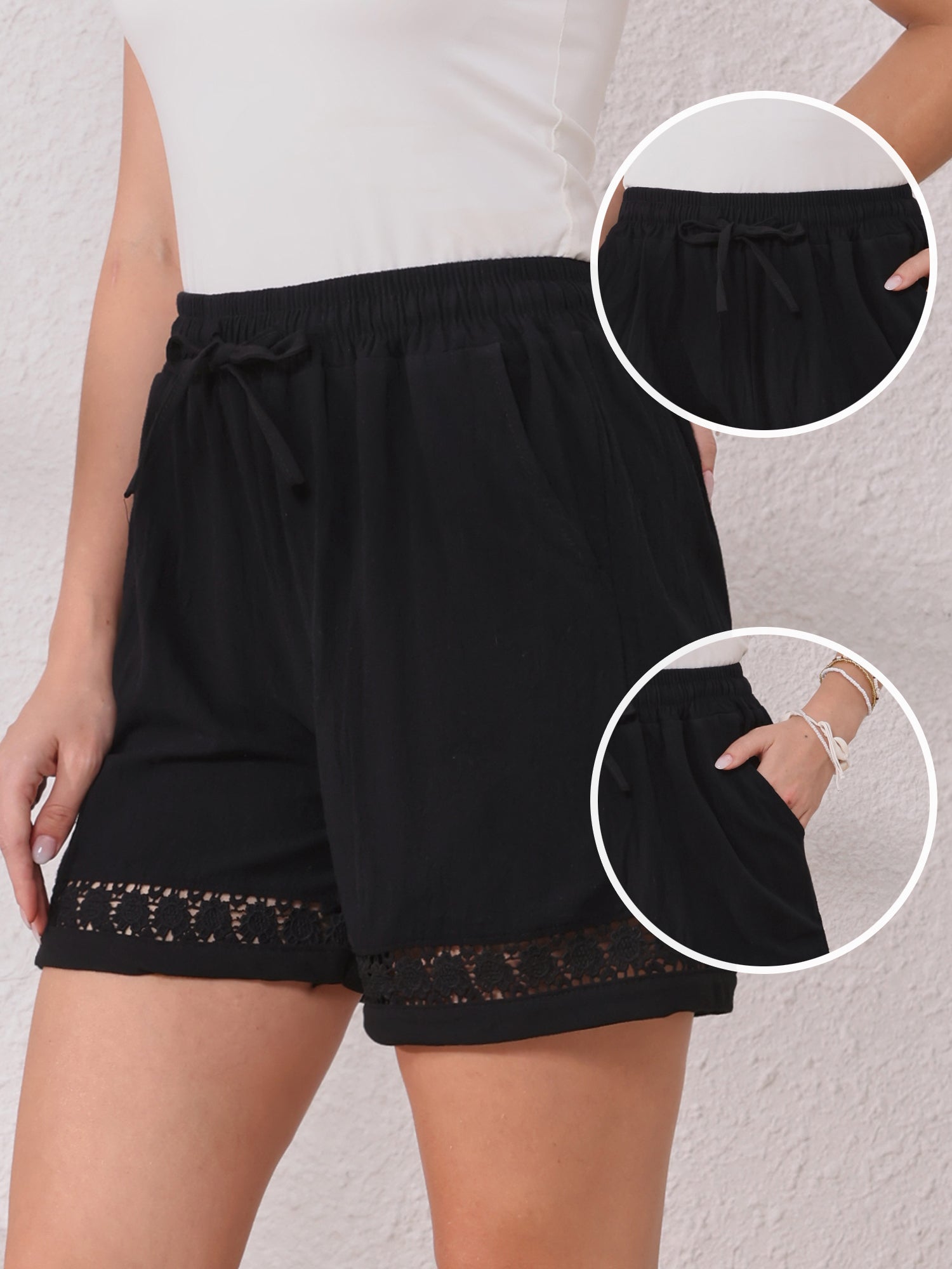Cotton Linen Lace Summer Elastic High Waisted Shorts with Pockets