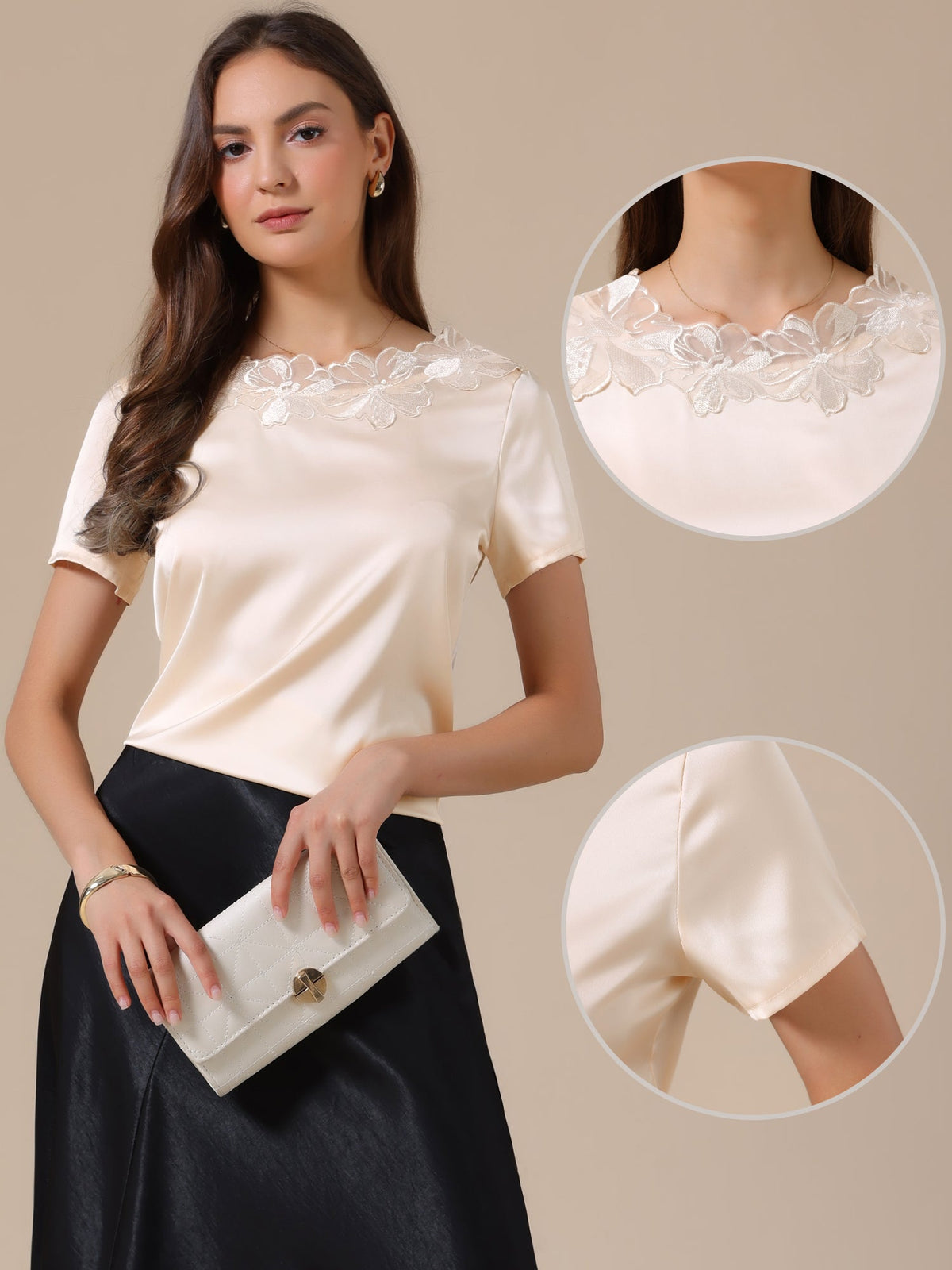 Satin Dressy Casual Short Sleeve Flower Lace Blouse