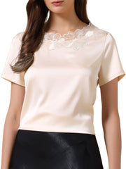 Satin Dressy Casual Short Sleeve Flower Lace Blouse