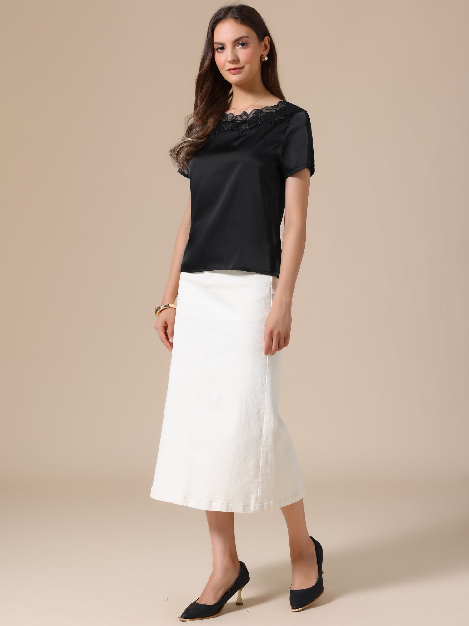 Satin Dressy Casual Short Sleeve Flower Lace Blouse