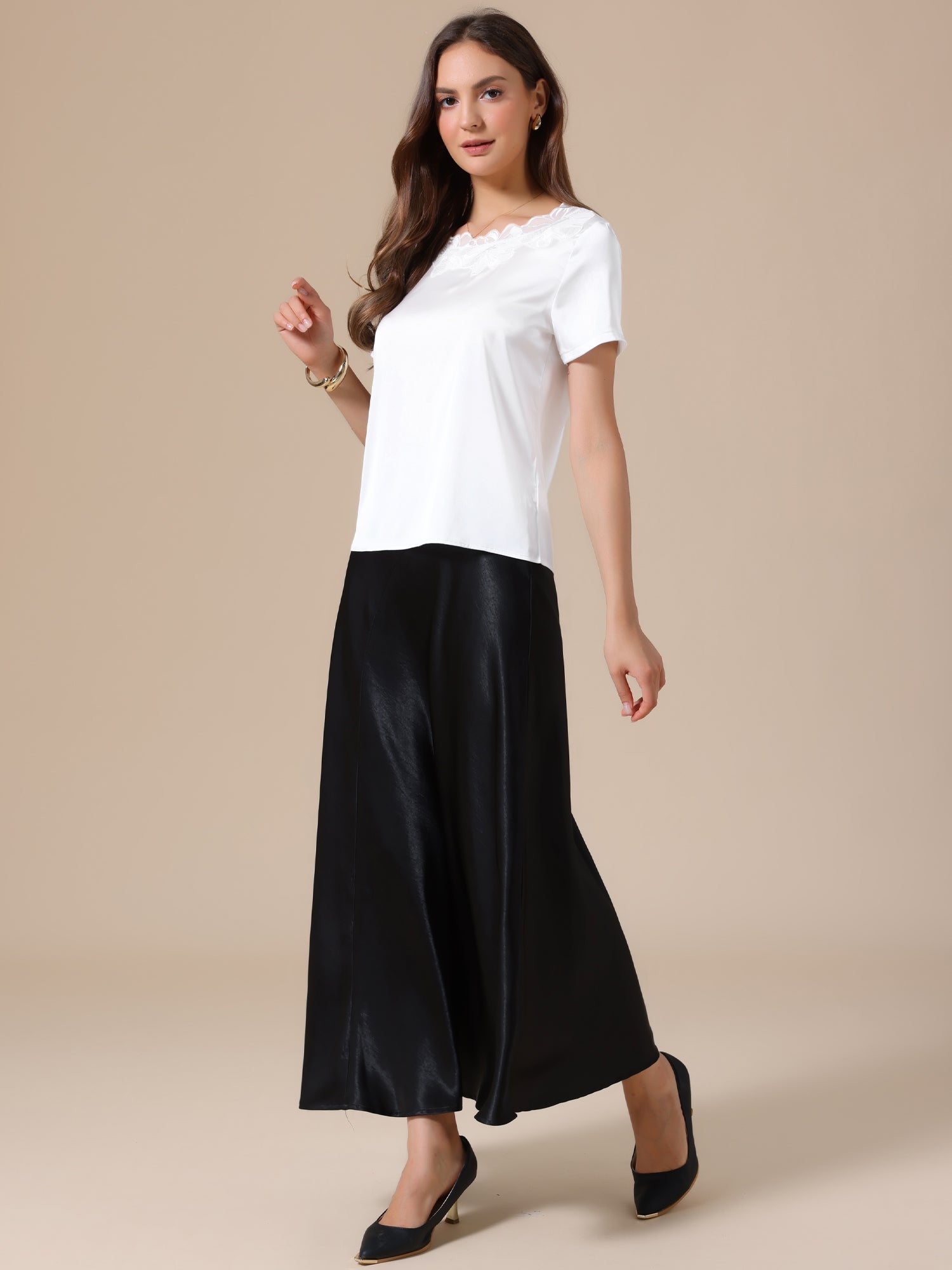 Satin Dressy Casual Short Sleeve Flower Lace Blouse