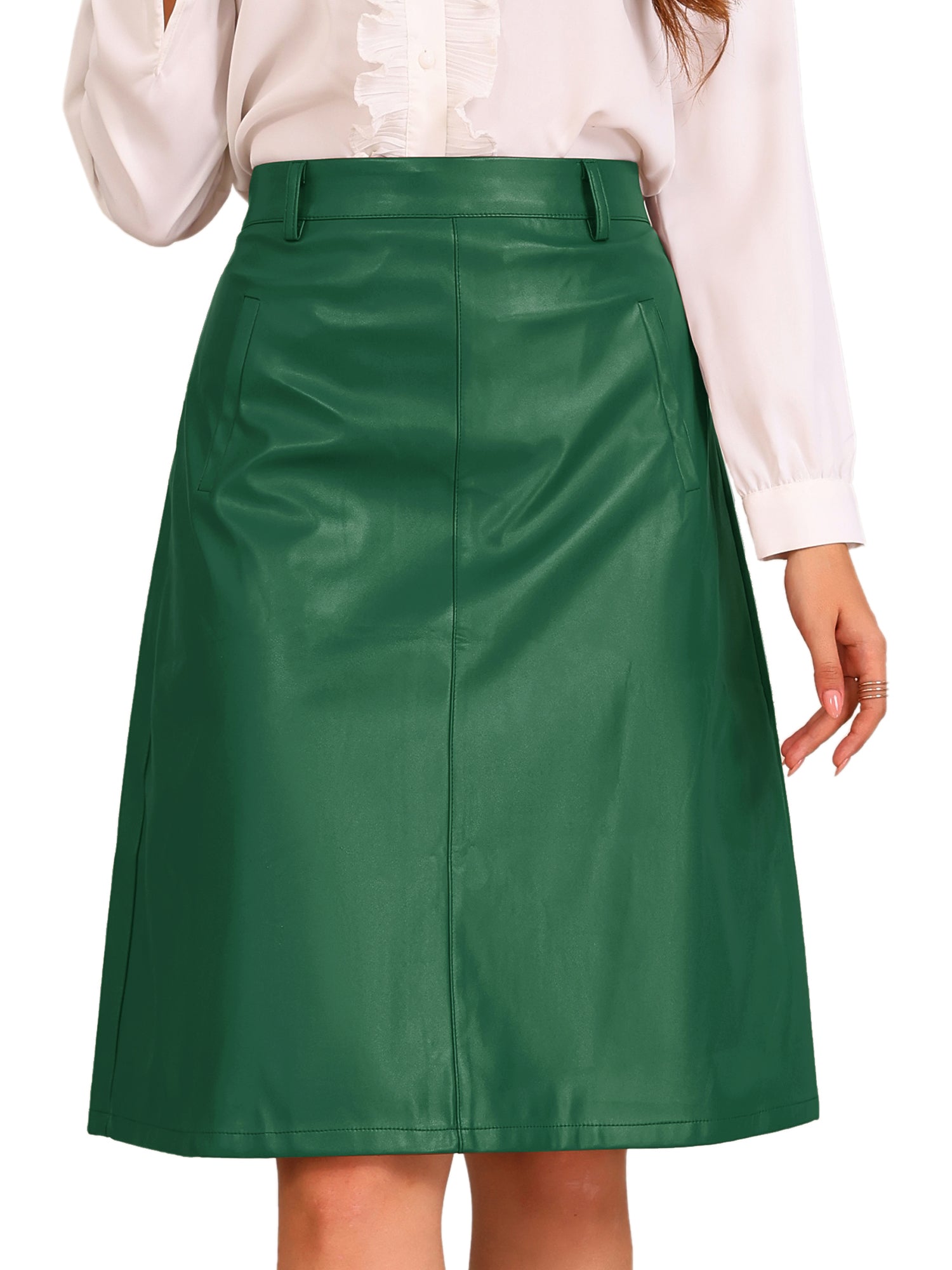 Faux Leather Belted A-Line High Waist Midi Skirt