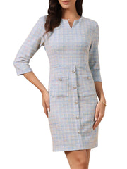 Tweed Notch Neck 3/4 Sleeve Pockets Business Office Sheath Dress