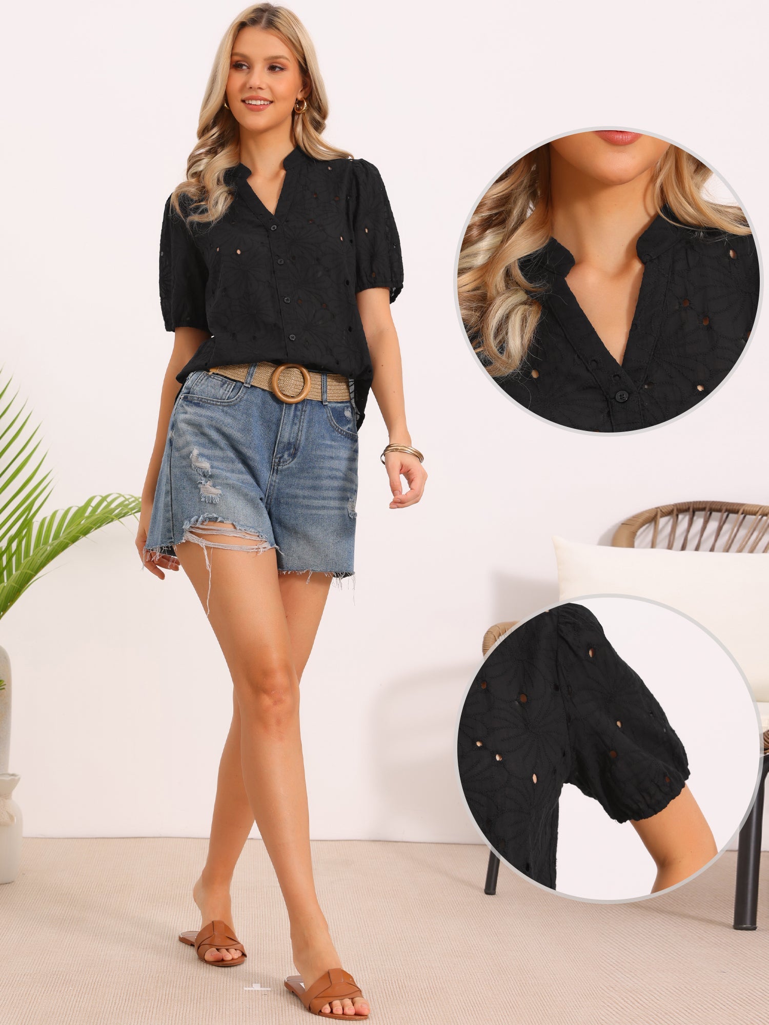 Hollow Out Eyelet Puff Sleeves V Neck Blouse