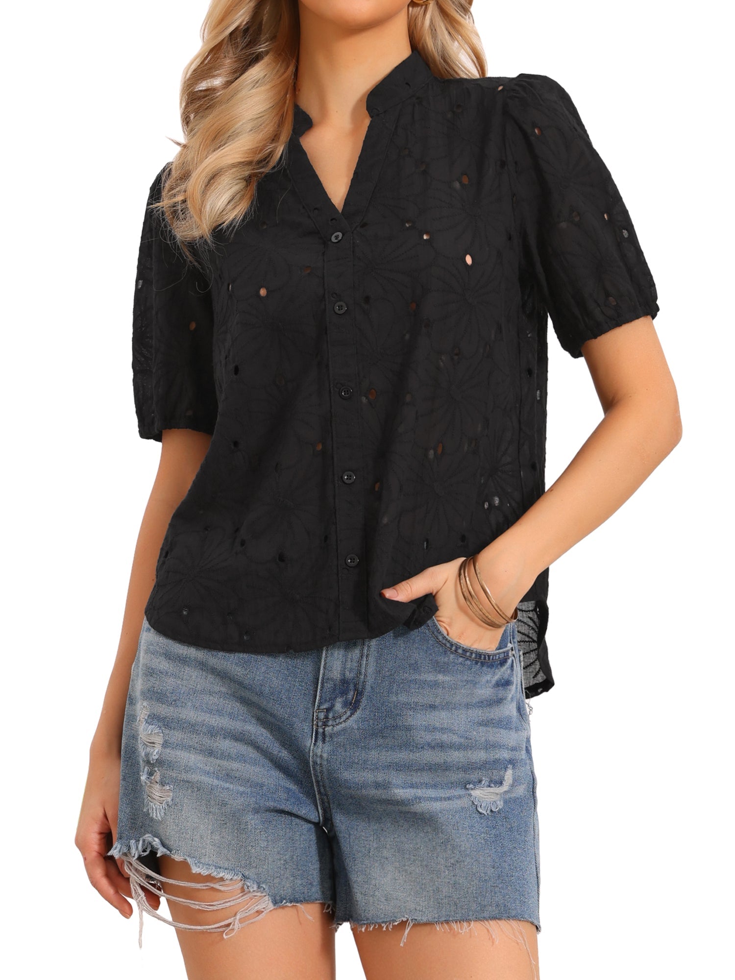 Hollow Out Eyelet Puff Sleeves V Neck Blouse