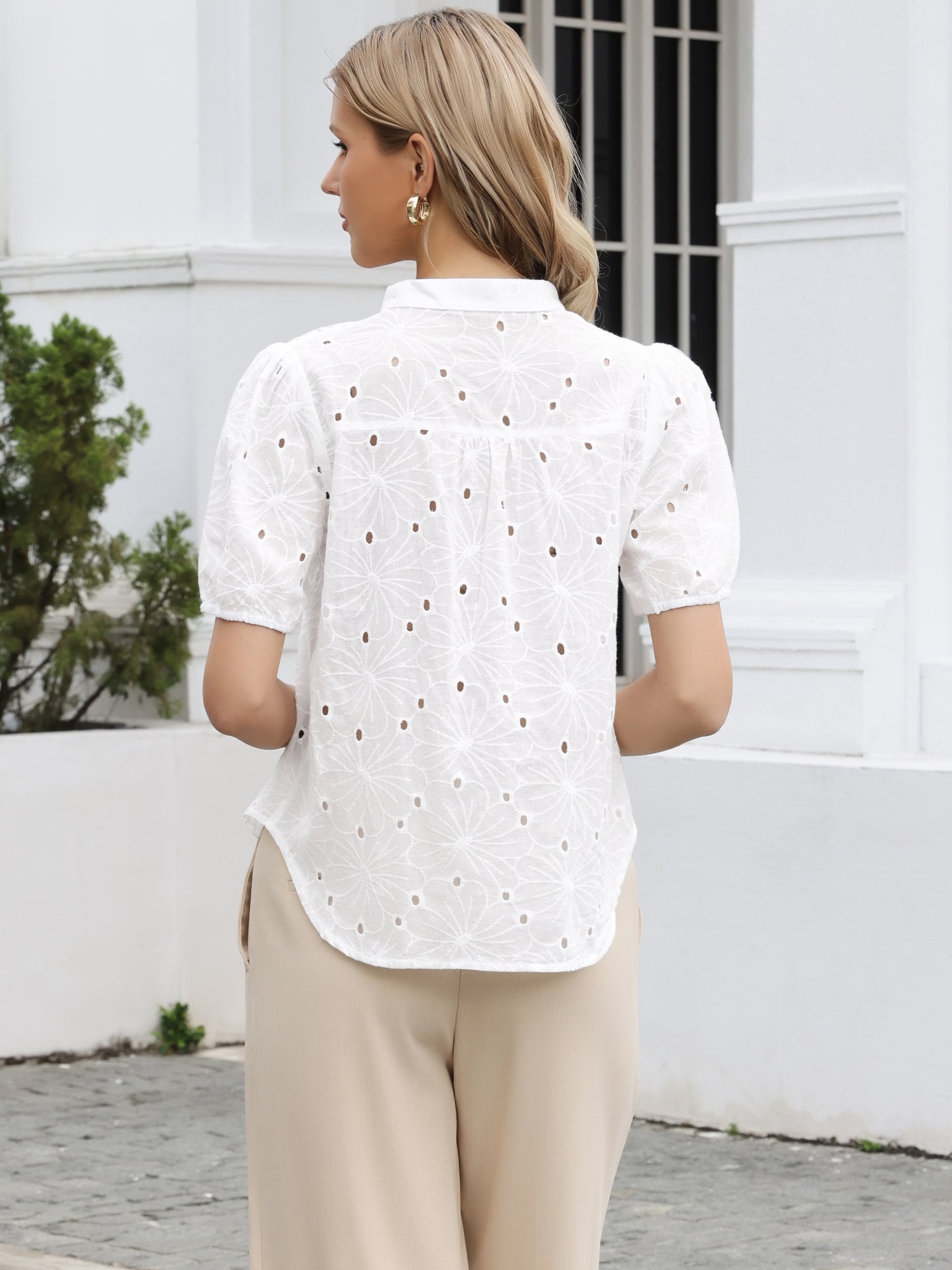 Hollow Out Eyelet Puff Sleeves V Neck Blouse