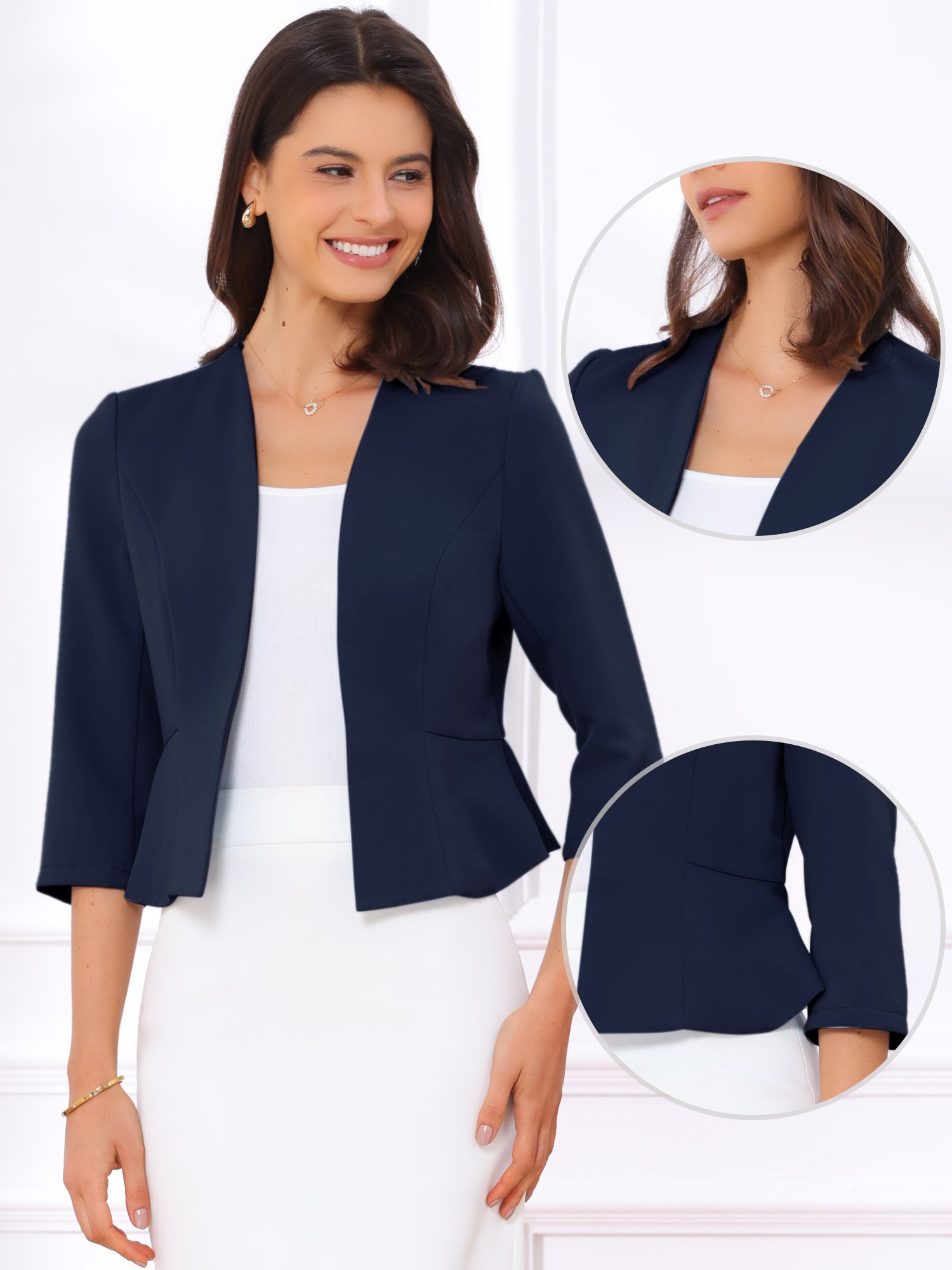 Open Front Collarless 3/4 Sleeve Peplum Cropped Jacket
