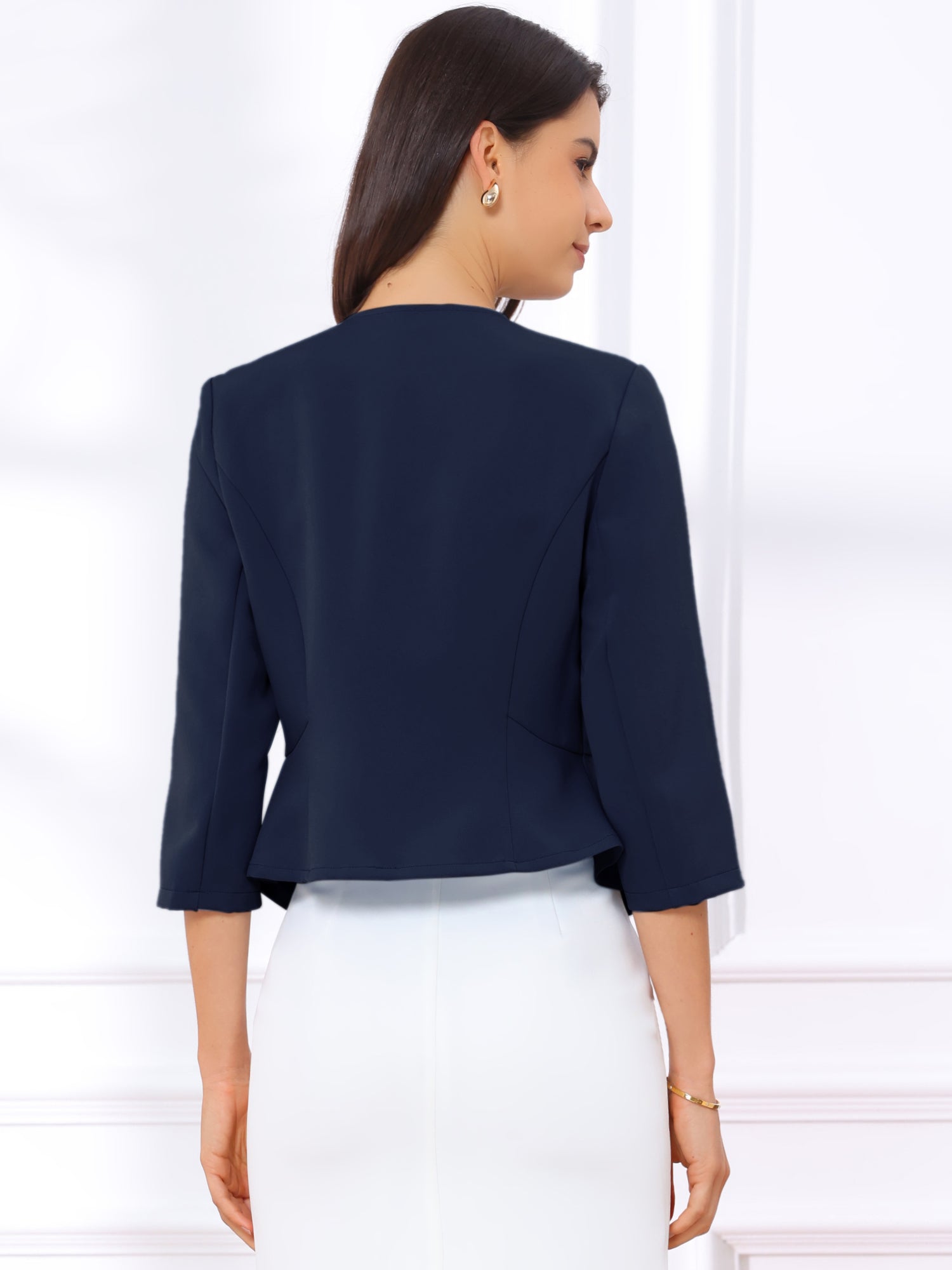 Open Front Collarless 3/4 Sleeve Peplum Cropped Jacket