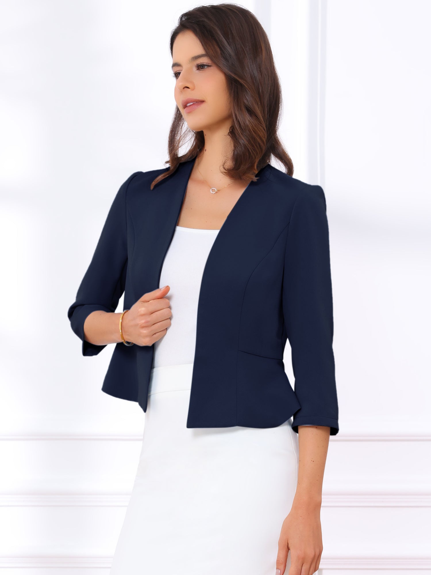 Open Front Collarless 3/4 Sleeve Peplum Cropped Jacket