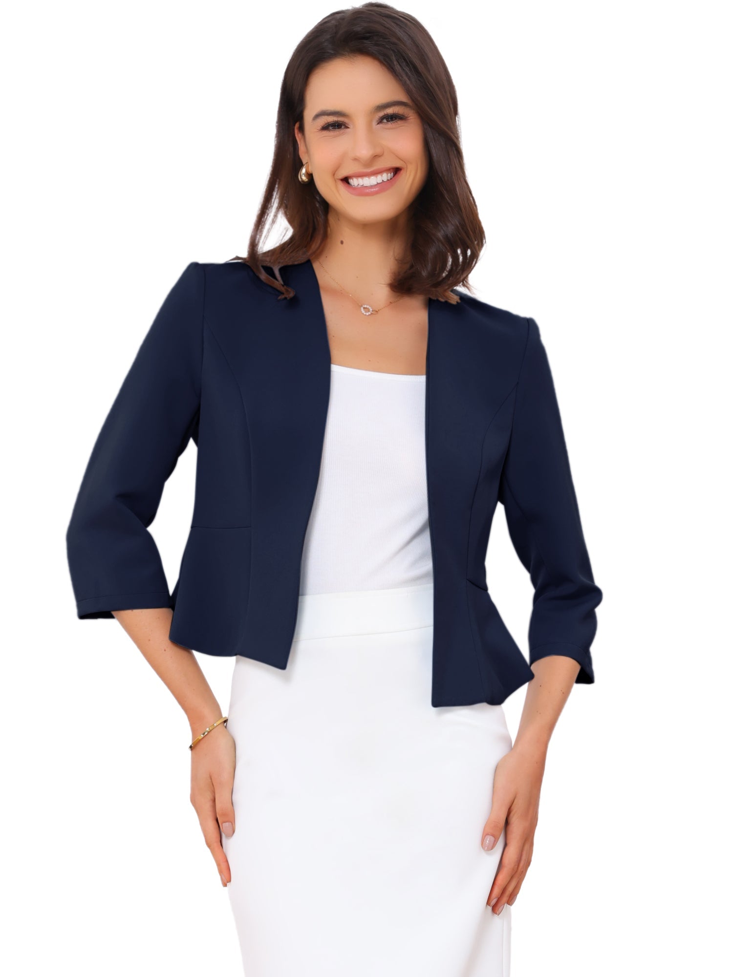 Open Front Collarless 3/4 Sleeve Peplum Cropped Jacket