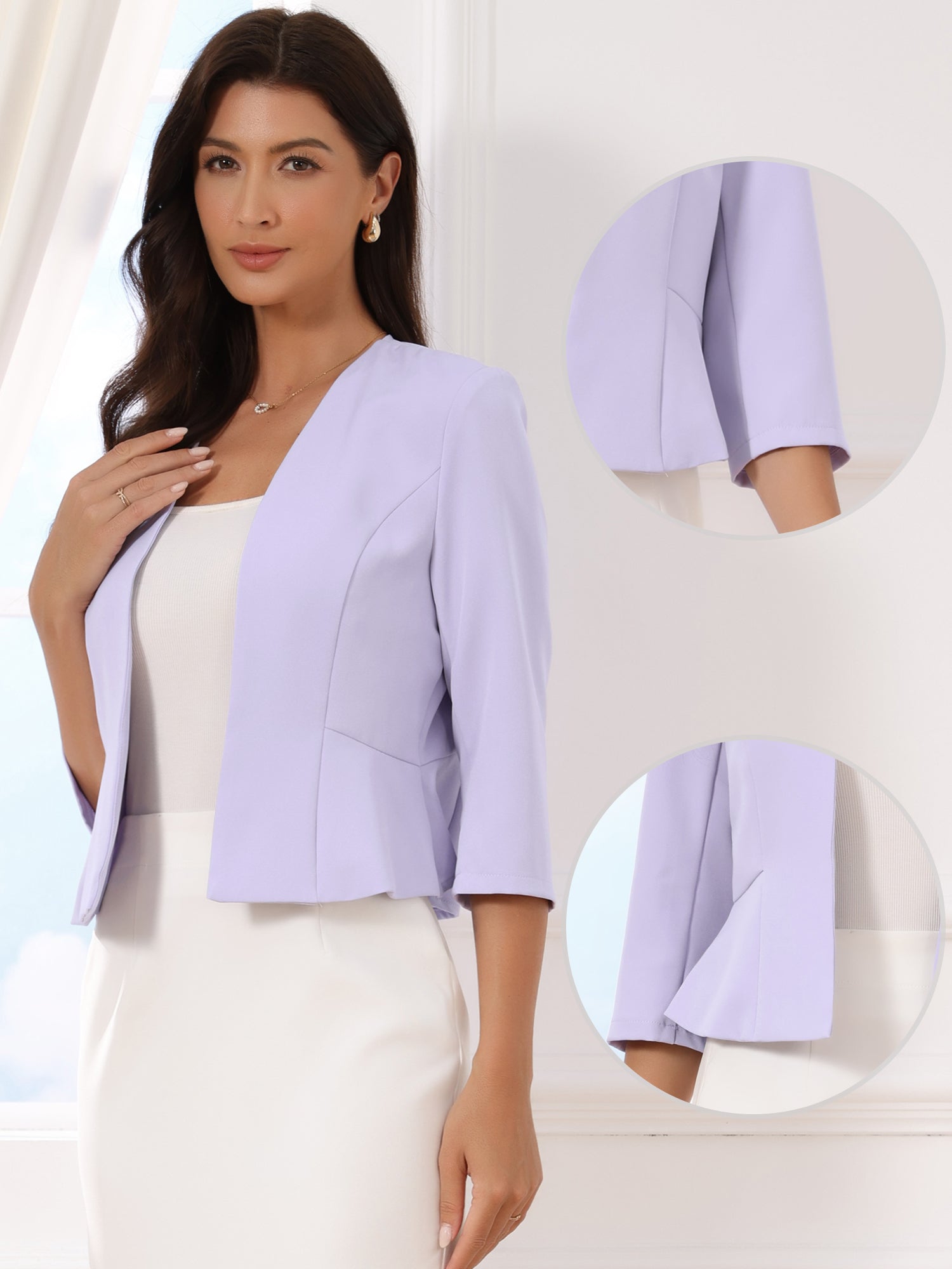 Open Front Collarless 3/4 Sleeve Peplum Cropped Jacket