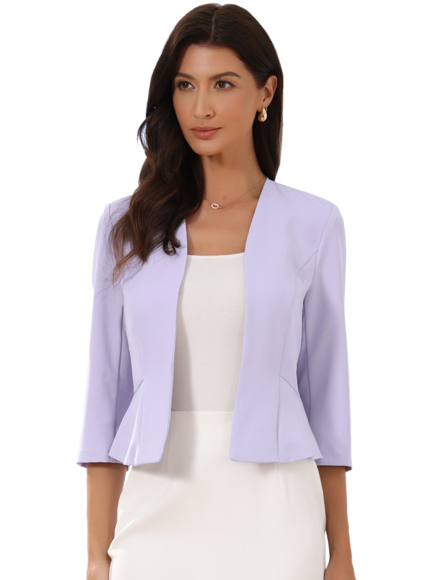 Open Front Collarless 3/4 Sleeve Peplum Cropped Jacket