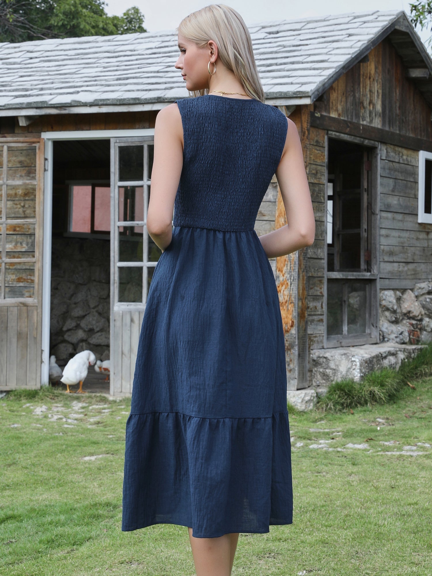Sleeveless Smocked A-Line Pocketed Tiered Midi Dress