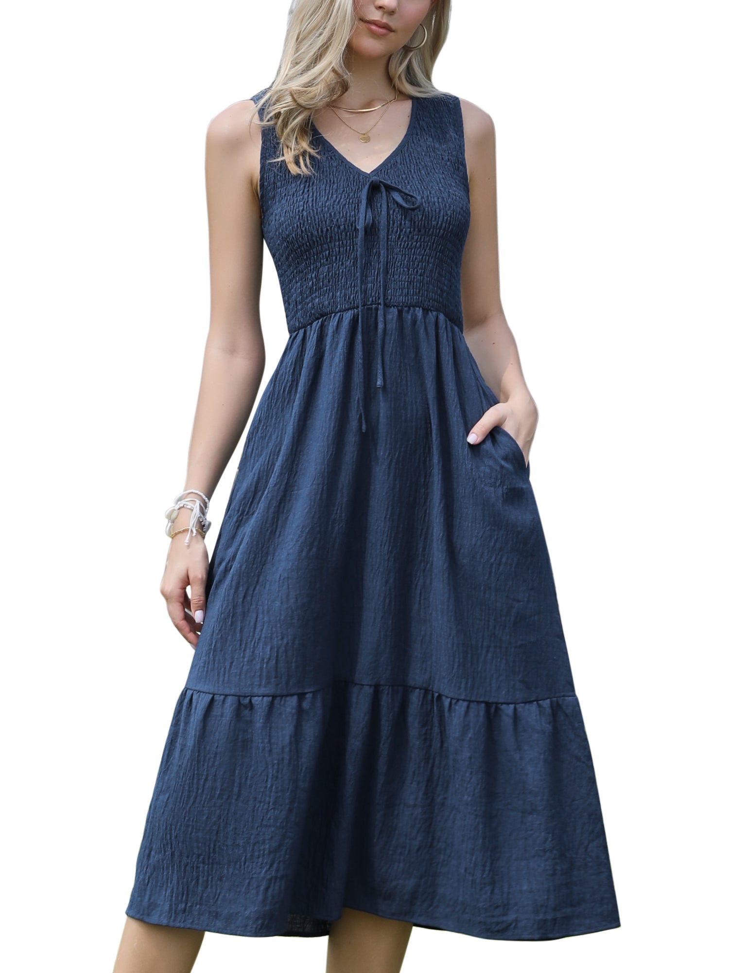 Sleeveless Smocked A-Line Pocketed Tiered Midi Dress