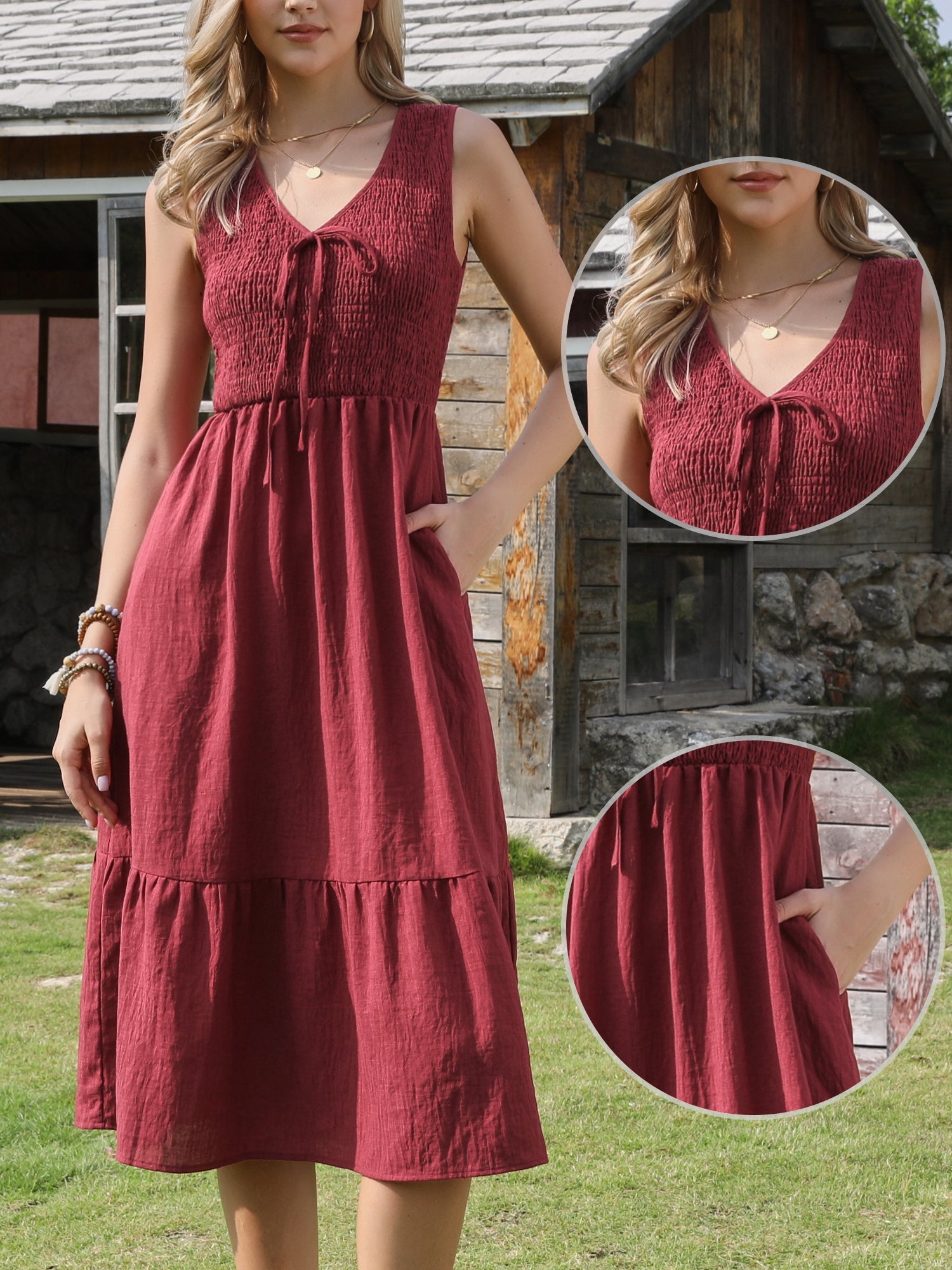 Sleeveless Smocked A-Line Pocketed Tiered Midi Dress