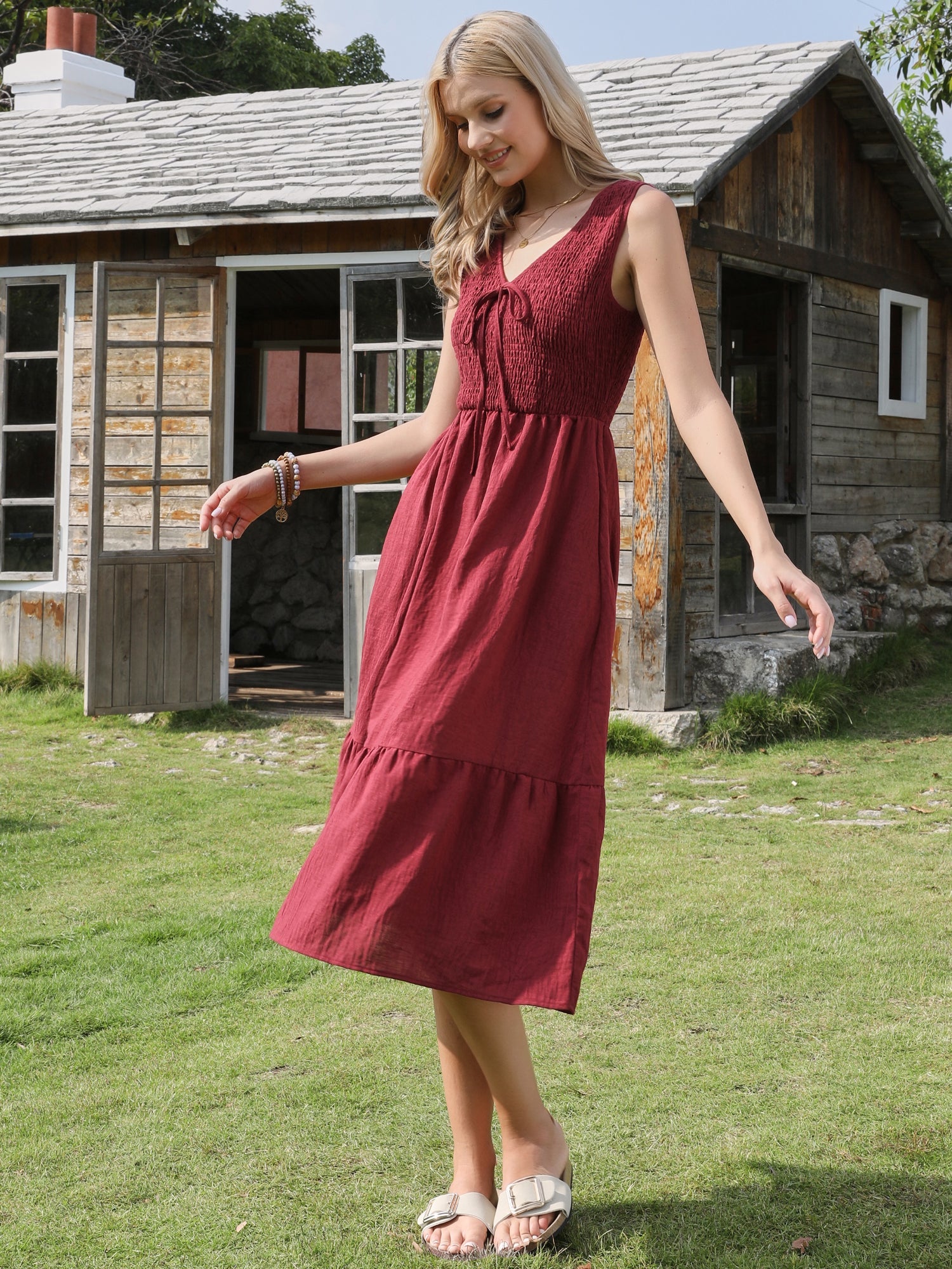 Sleeveless Smocked A-Line Pocketed Tiered Midi Dress
