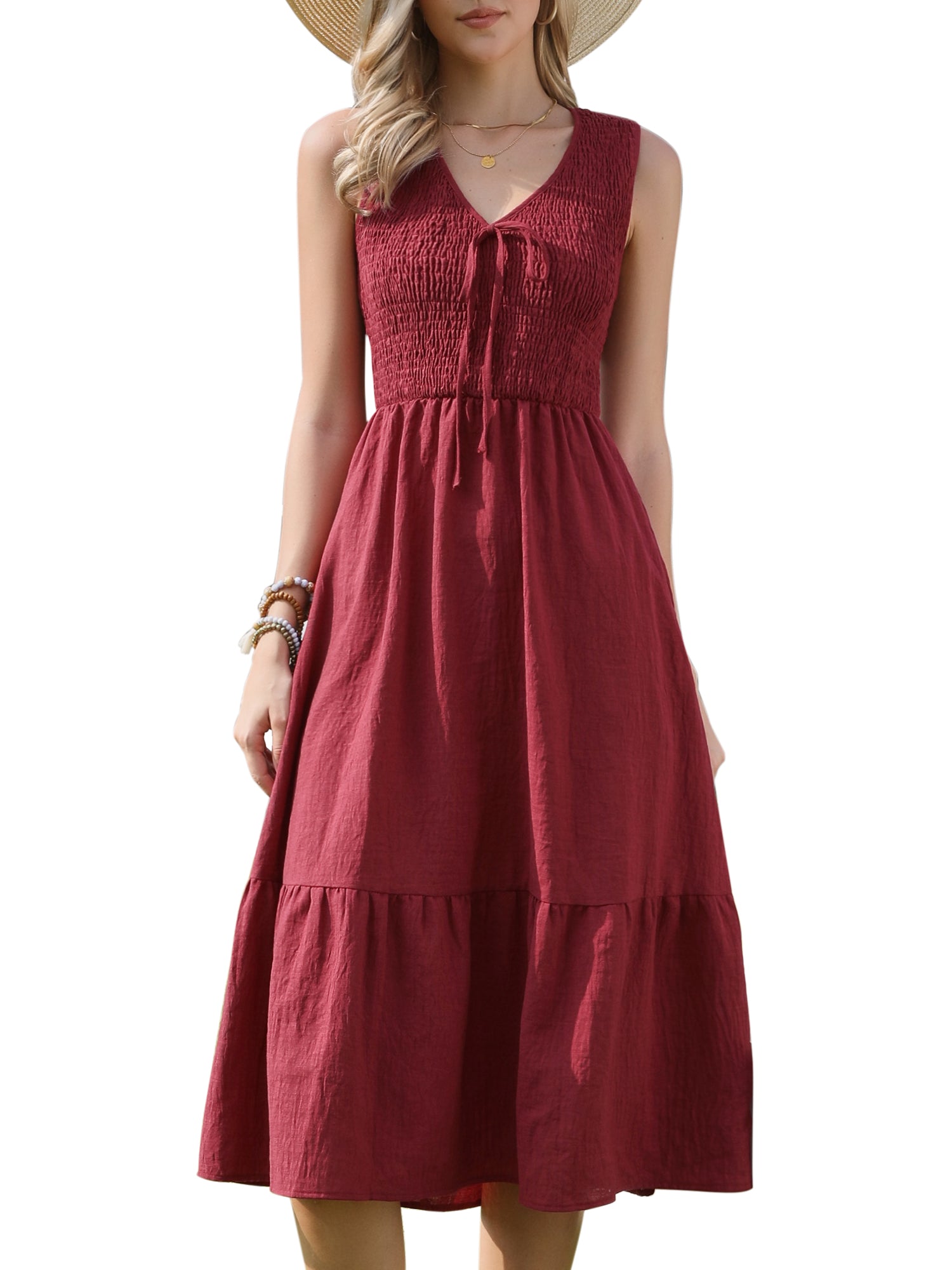 Sleeveless Smocked A-Line Pocketed Tiered Midi Dress