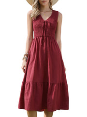 Sleeveless Smocked A-Line Pocketed Tiered Midi Dress