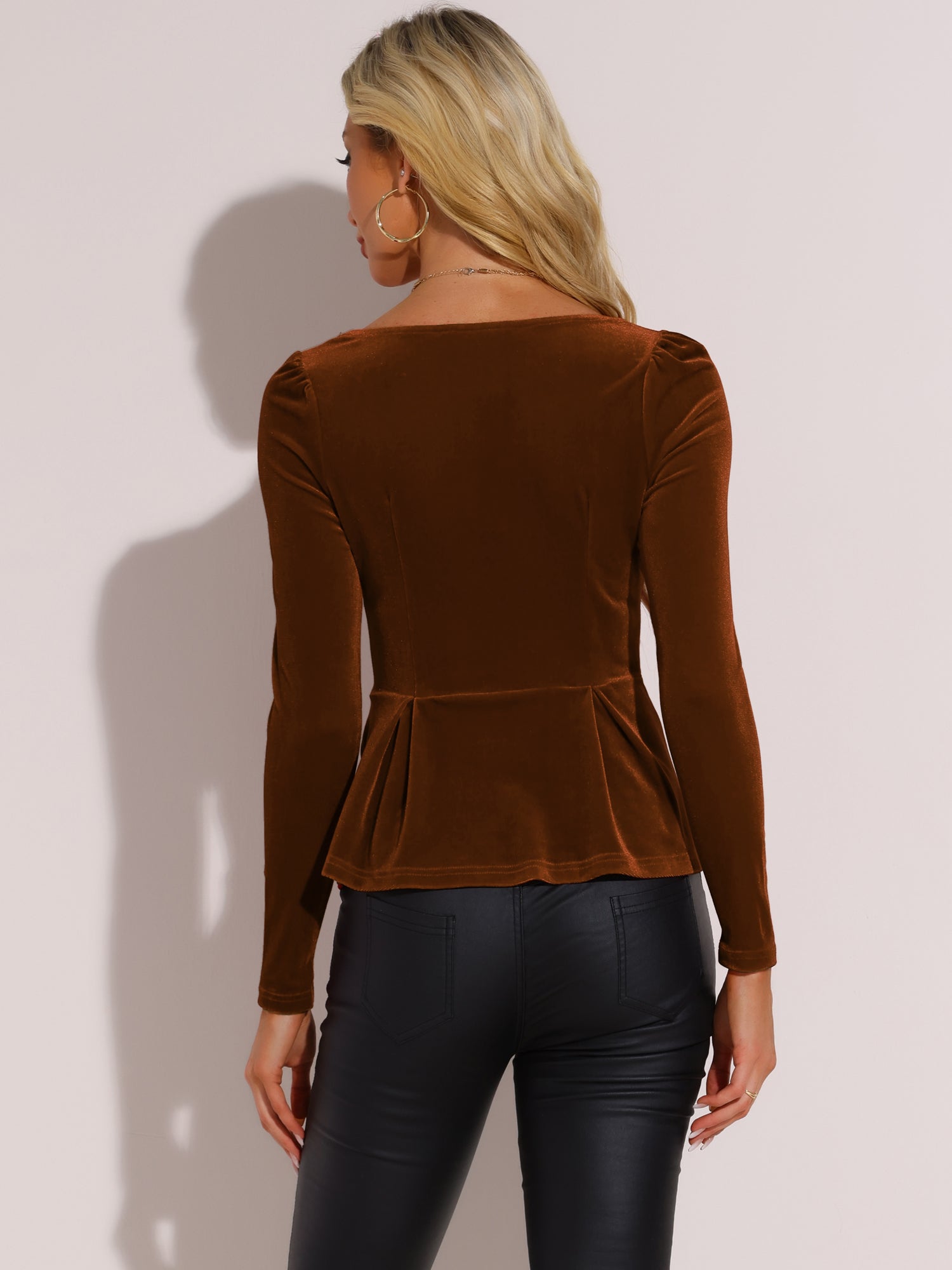Velvet Blouse Elegant Sweetheart Neck Long Sleeve Peplum Top
