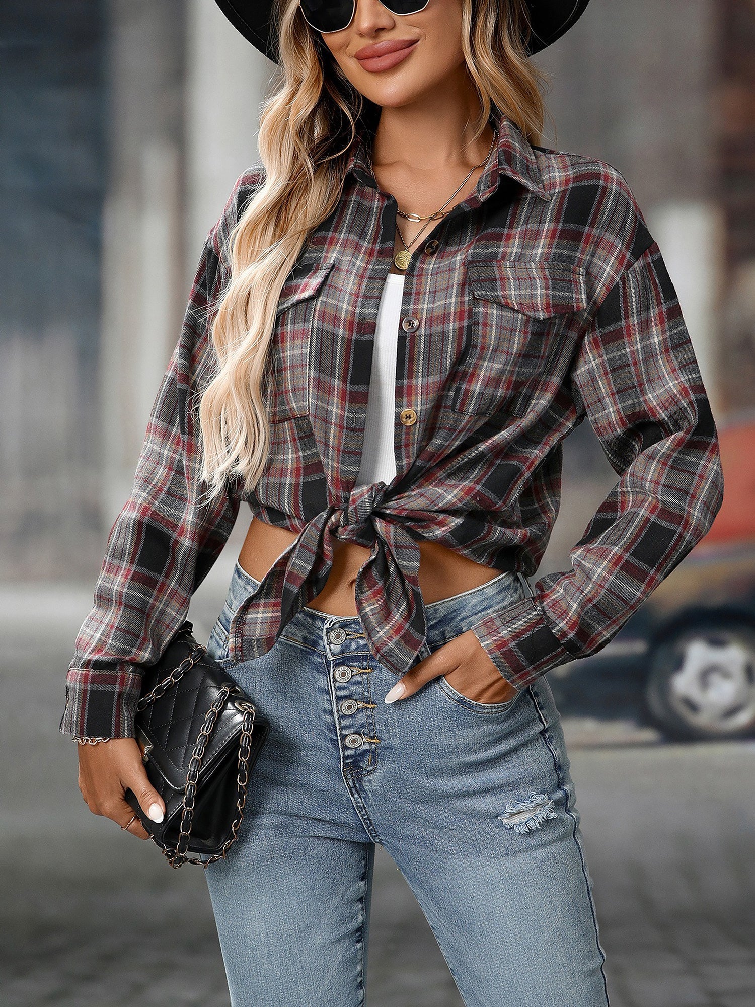 Plaid Turn Down Collar Long Sleeves Pocketed Shirt