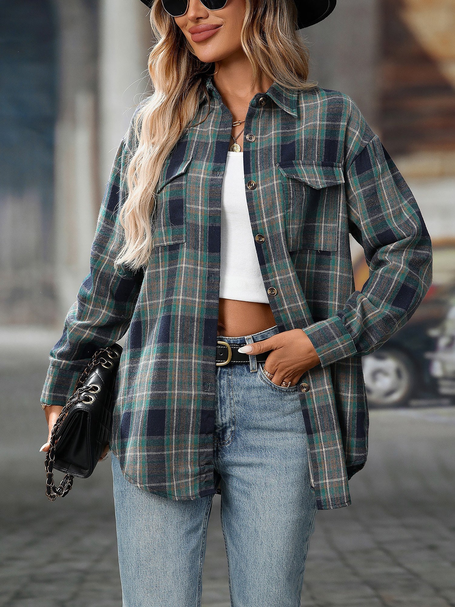 Plaid Turn Down Collar Long Sleeves Pocketed Shirt
