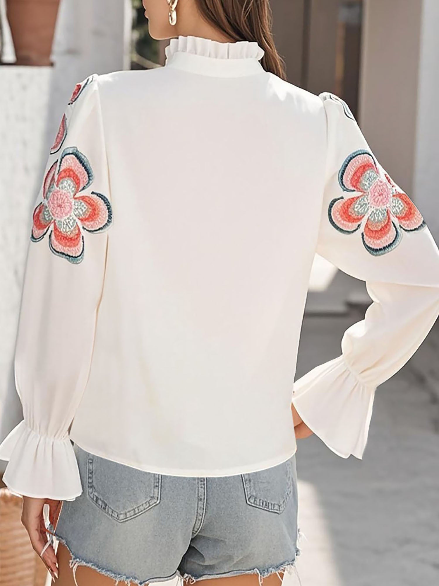 Ruffled Notch Neck Floral Puff Long Sleeves Blouse