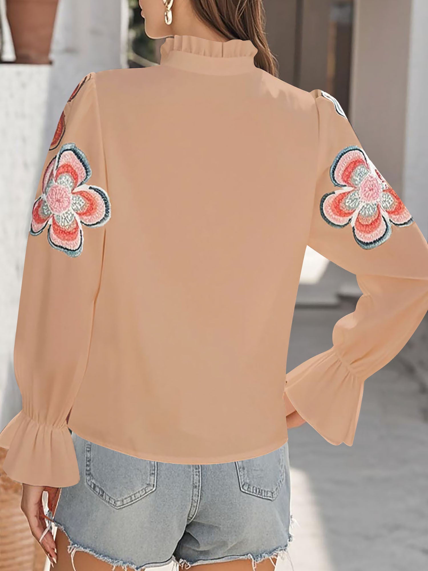 Ruffled Notch Neck Floral Puff Long Sleeves Blouse