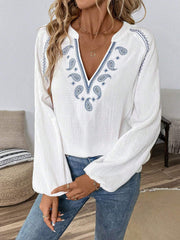 Embroidered Boho Paisley Lantern Sleeves Blouse