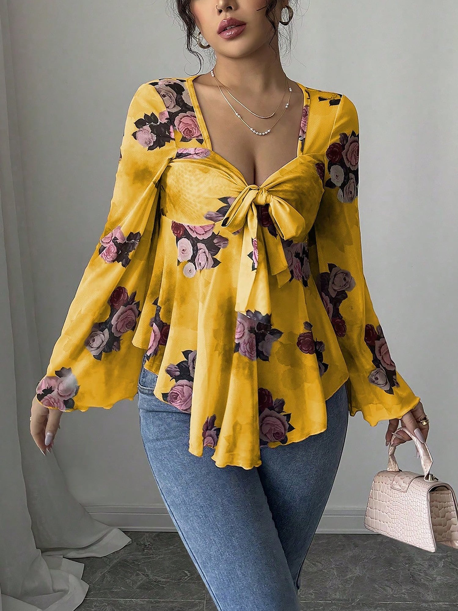 Floral Lace-Up Bow Long Sleeve Babydoll Blouse