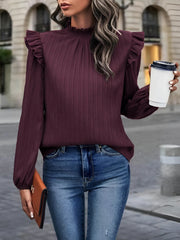 Ruffled Mock Neck Lantern Sleeves Textured Blouse
