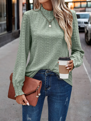 Smocked Mock Neck Long Sleeves Eyelet Blouse