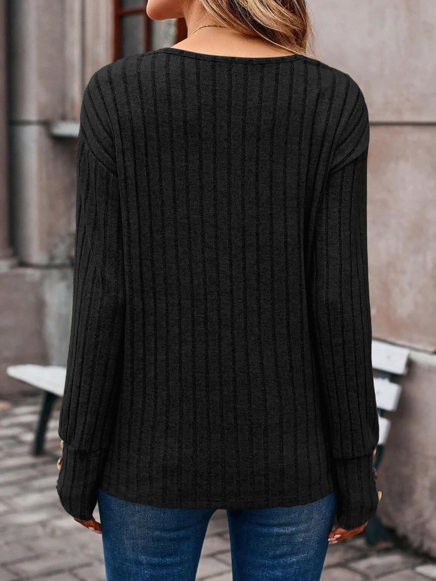 Long Sleeve V Neck Solid Color Button Decor Blouse