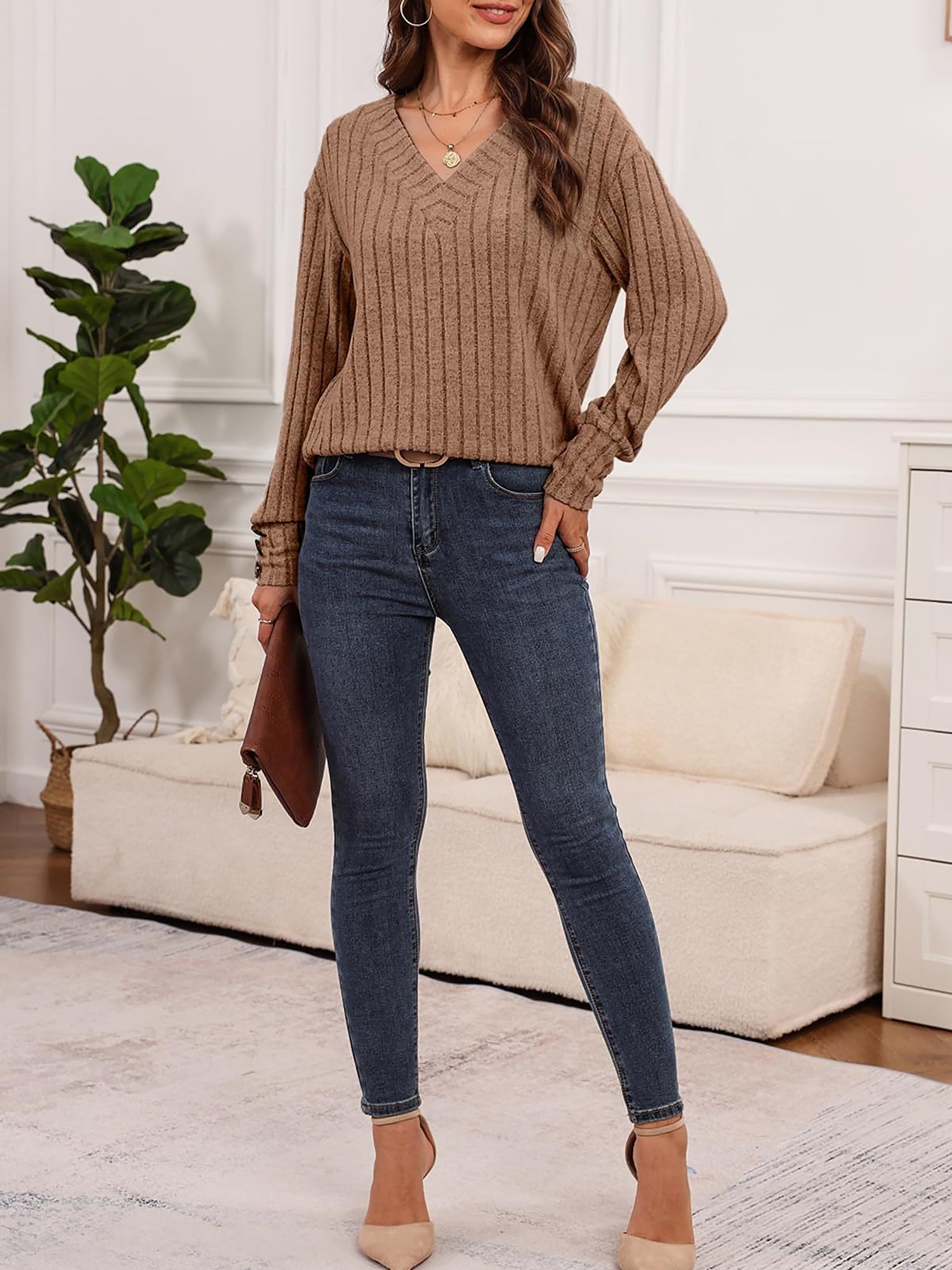 Long Sleeve V Neck Solid Color Button Decor Blouse