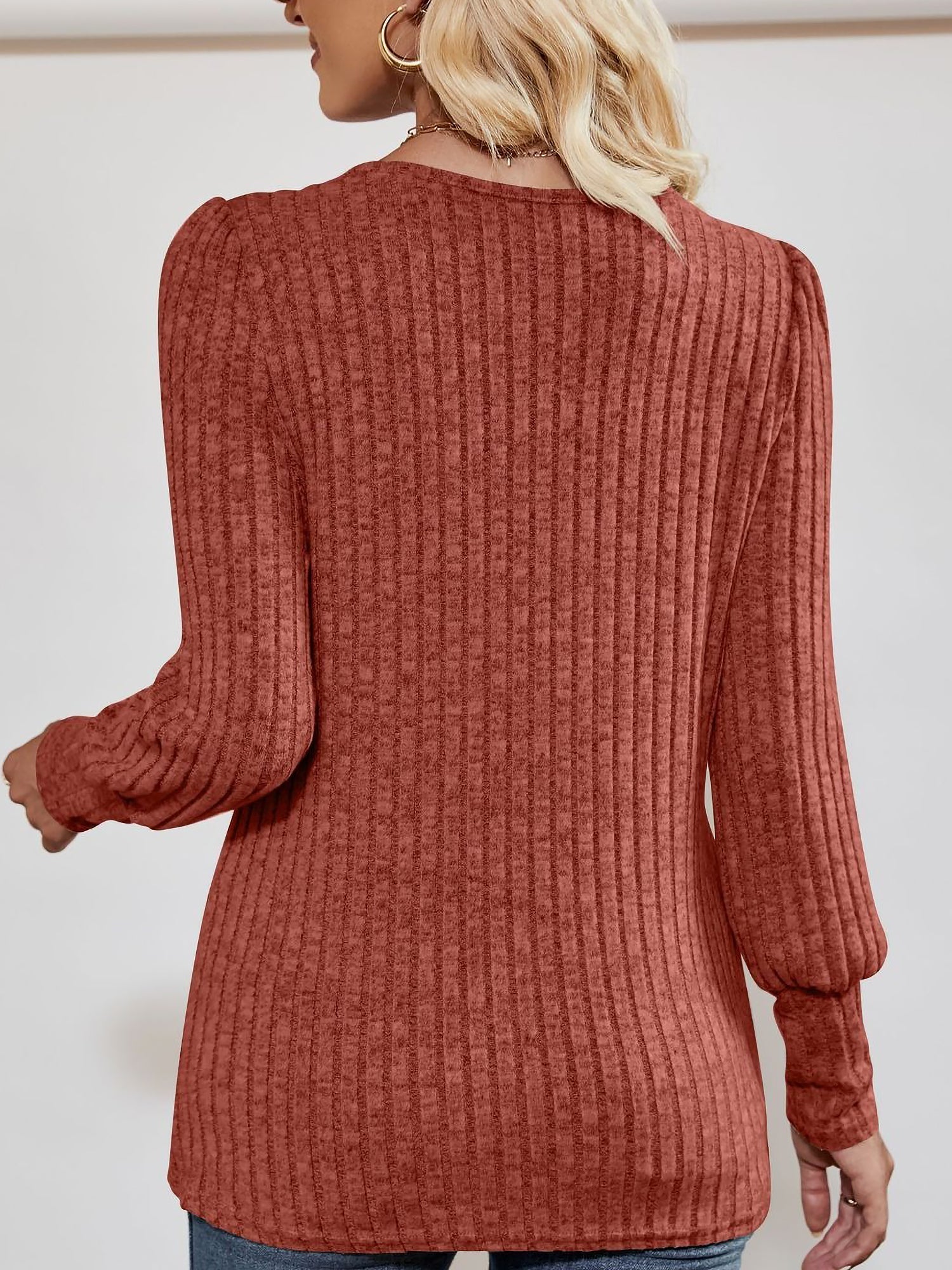 Square Neck Long Sleeve Button Decor Split Blouse